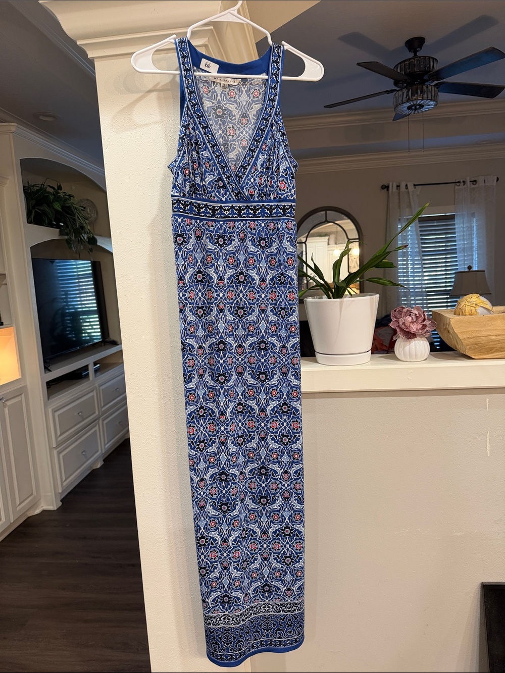 Max Studio Blue and White Patterned V-Neck Maxi Dress